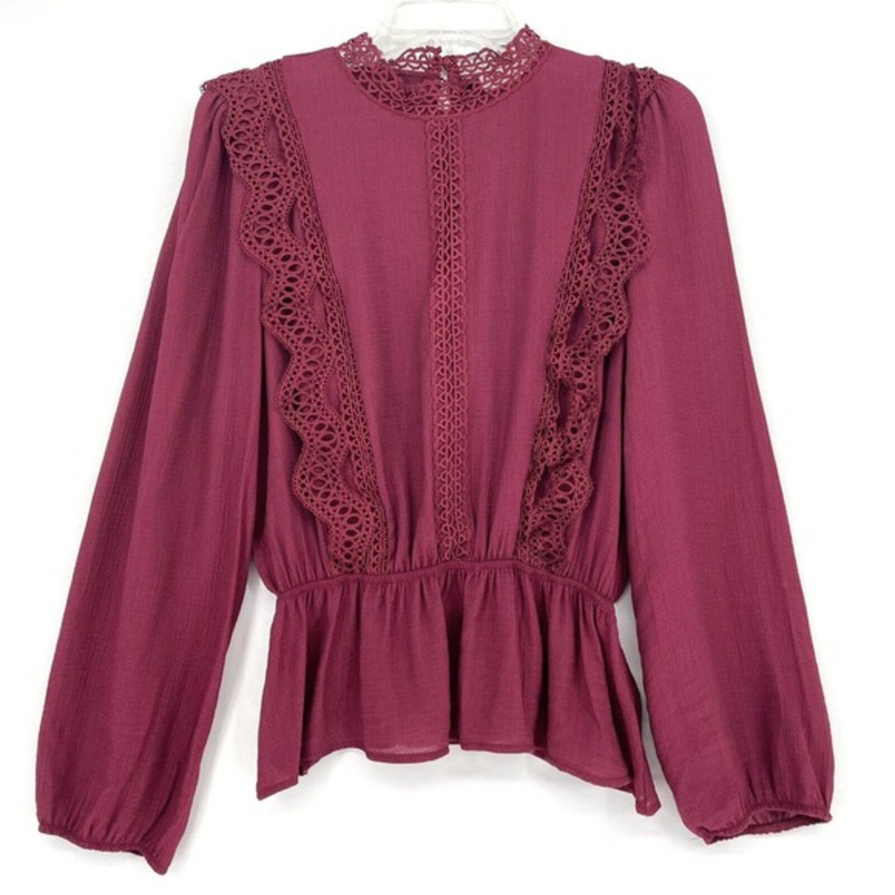 Mele E Pere Peasant Blouse Women's Large Tatted Lace Front Long Sleeve Maroon
